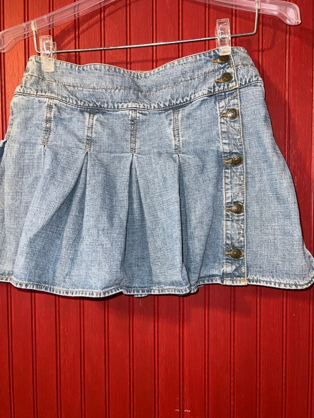 Vintage Ralph Lauren Light Blue Denim Pleated Skater Skirt with Side Buttons 14